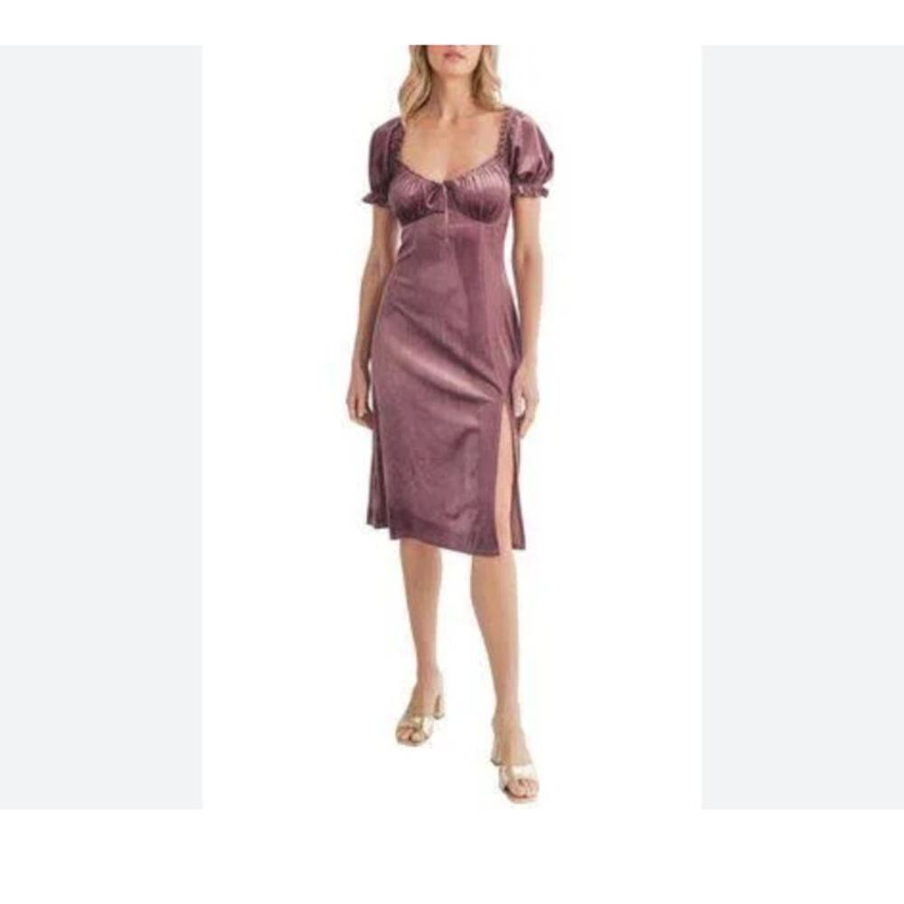NWT All in Favor Velvet Puff Sleeve Side Slit Dress Purple Size Small